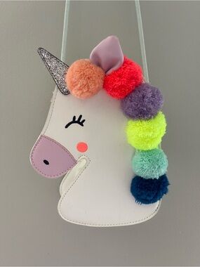 Kids Unicorn Pom-Pom Crossbody Bag - White with Rainbow Poms